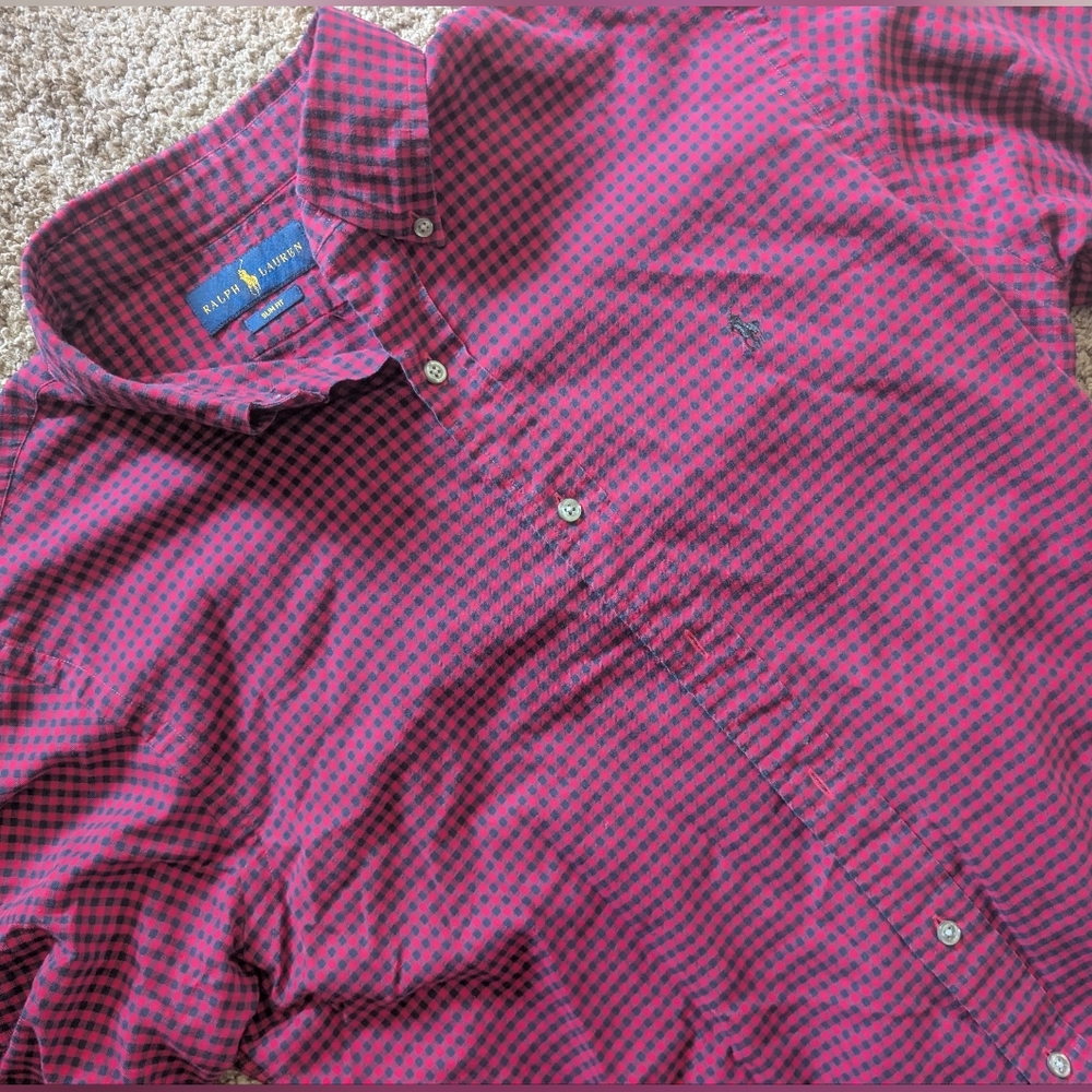 Ralph Lauren Slim Fit Men’s Red & Black Plaid All Cotton Button Down Shirt LG